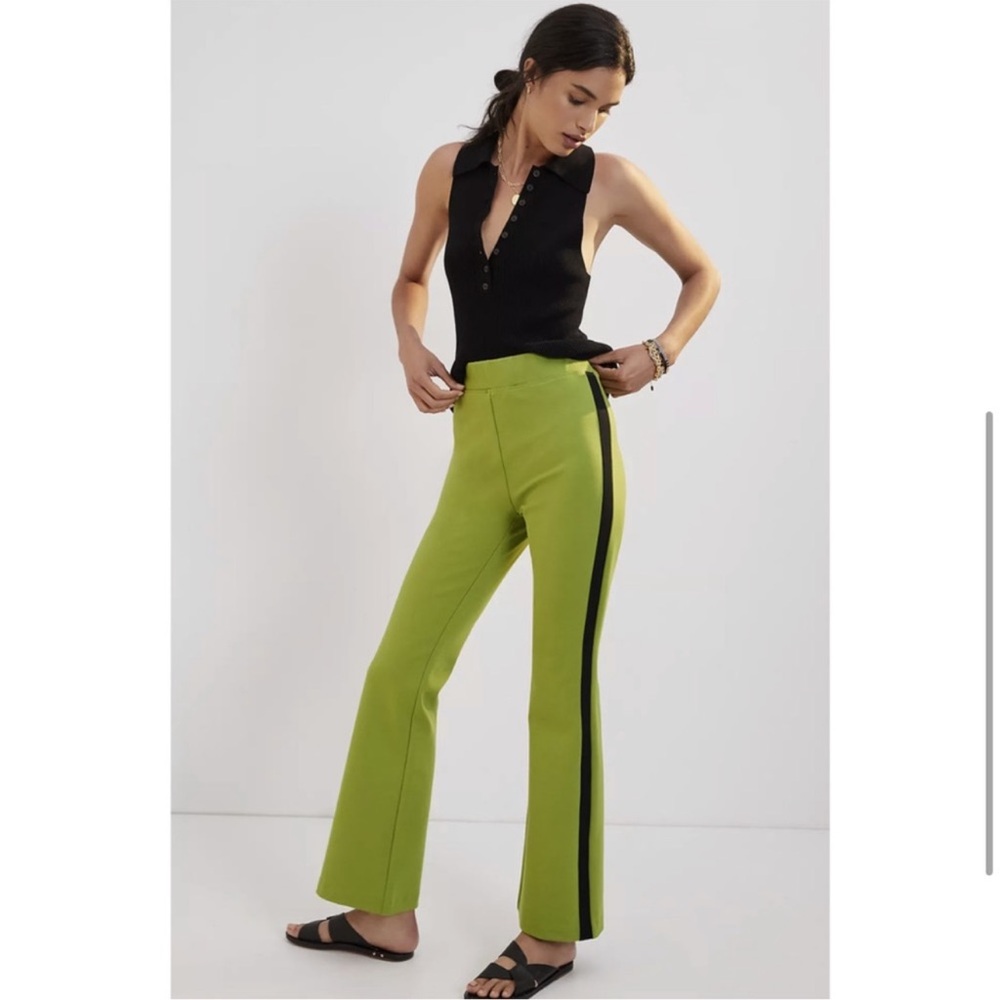 Anthropologie Maeve Ponte Flare Lime Green Flare Pants w/ Black Stripe